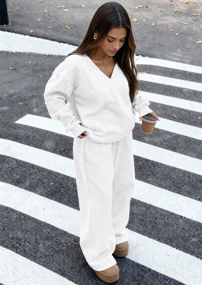 Osonn Casual Winter Two Piece Sets for Women V Neck Sweatshirt Loose Wide Leg Pants Tracksuit Knit Fall Outfits