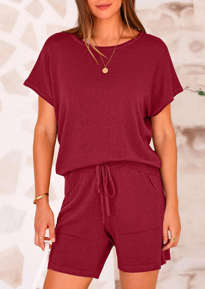 Osonn Two Piece Set for Women Summer Lounge Sets Shorts And Short Sleeve Tops Knitted Matching Travel Spring Outfits