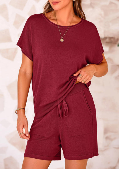 Osonn Two Piece Set for Women Summer Lounge Sets Shorts And Short Sleeve Tops Knitted Matching Travel Spring Outfits