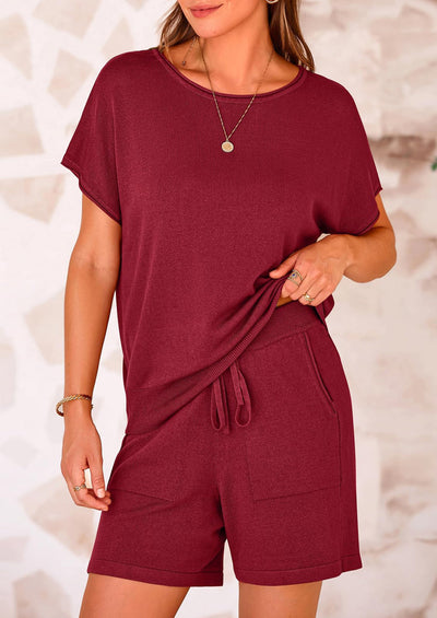 Osonn Two Piece Set for Women Summer Lounge Sets Shorts And Short Sleeve Tops Knitted Matching Travel Spring Outfits