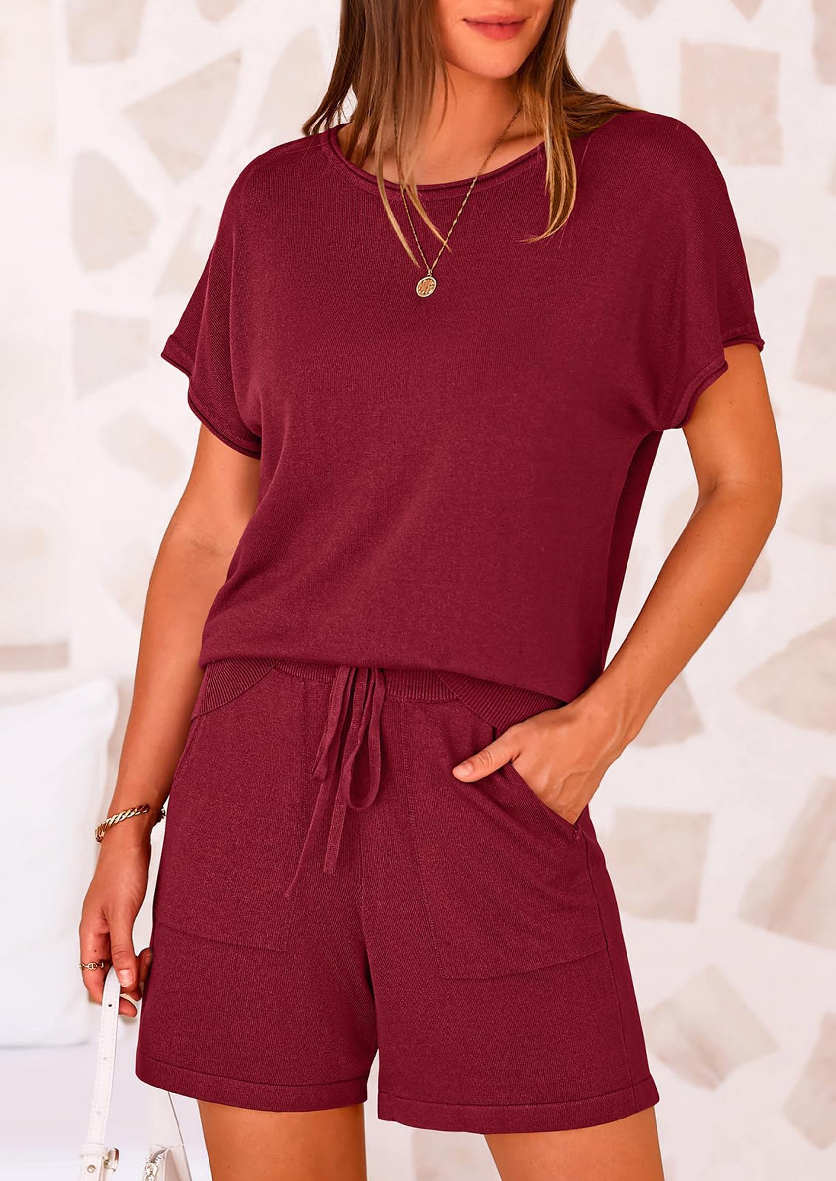 Osonn Two Piece Set for Women Summer Lounge Sets Shorts And Short Sleeve Tops Knitted Matching Travel Spring Outfits