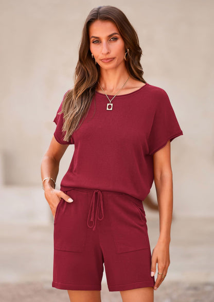 Osonn Two Piece Set for Women Summer Lounge Sets Shorts And Short Sleeve Tops Knitted Matching Travel Spring Outfits