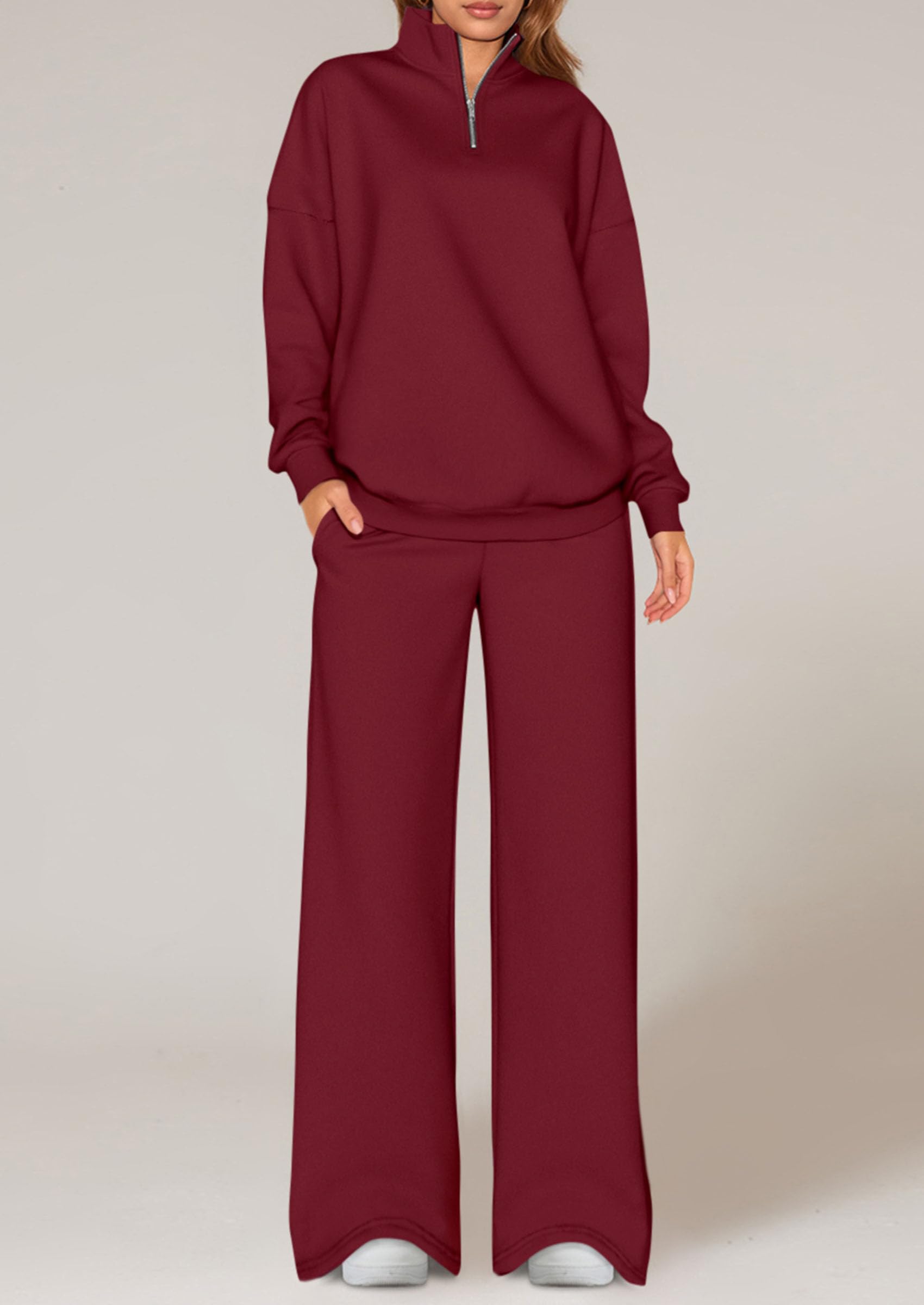 Osonn Womens Casual Two Piece Sets Fall Outfits Quarter Zip Sweatshirts Straight Leg Pants Sweatsuits Tracksuit