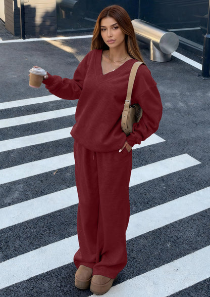 Osonn Casual Winter Two Piece Sets for Women V Neck Sweatshirt Loose Wide Leg Pants Tracksuit Knit Fall Outfits