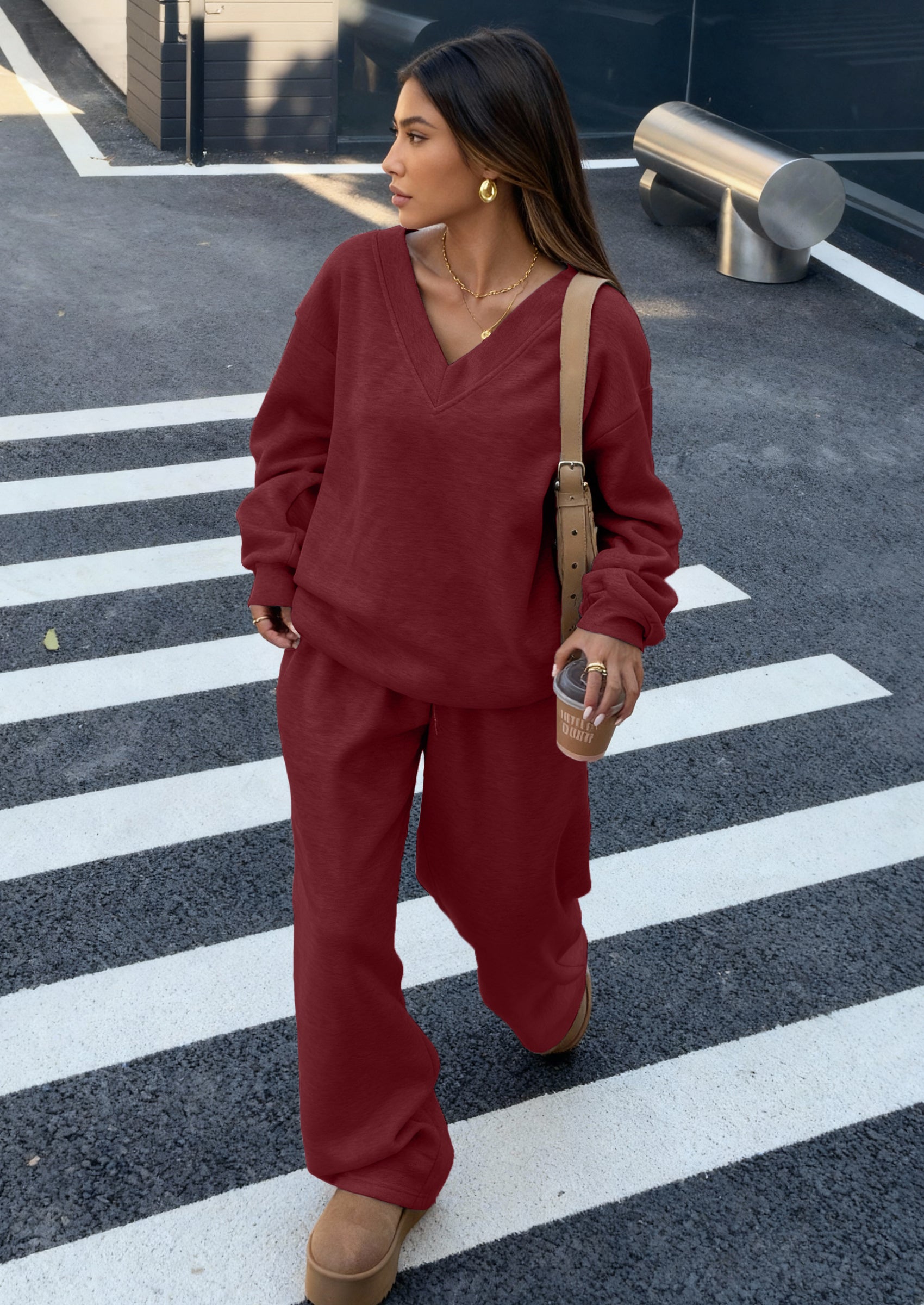 Osonn Casual Winter Two Piece Sets for Women V Neck Sweatshirt Loose Wide Leg Pants Tracksuit Knit Fall Outfits