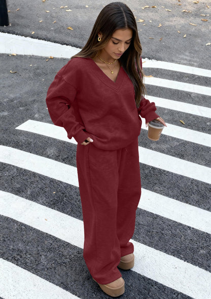 Osonn Casual Winter Two Piece Sets for Women V Neck Sweatshirt Loose Wide Leg Pants Tracksuit Knit Fall Outfits