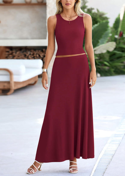 Osonn 2 Piece Maxi Skirt Sets Casual Knit Cropped Tank Top High Waisted Long Skirts Outfit
