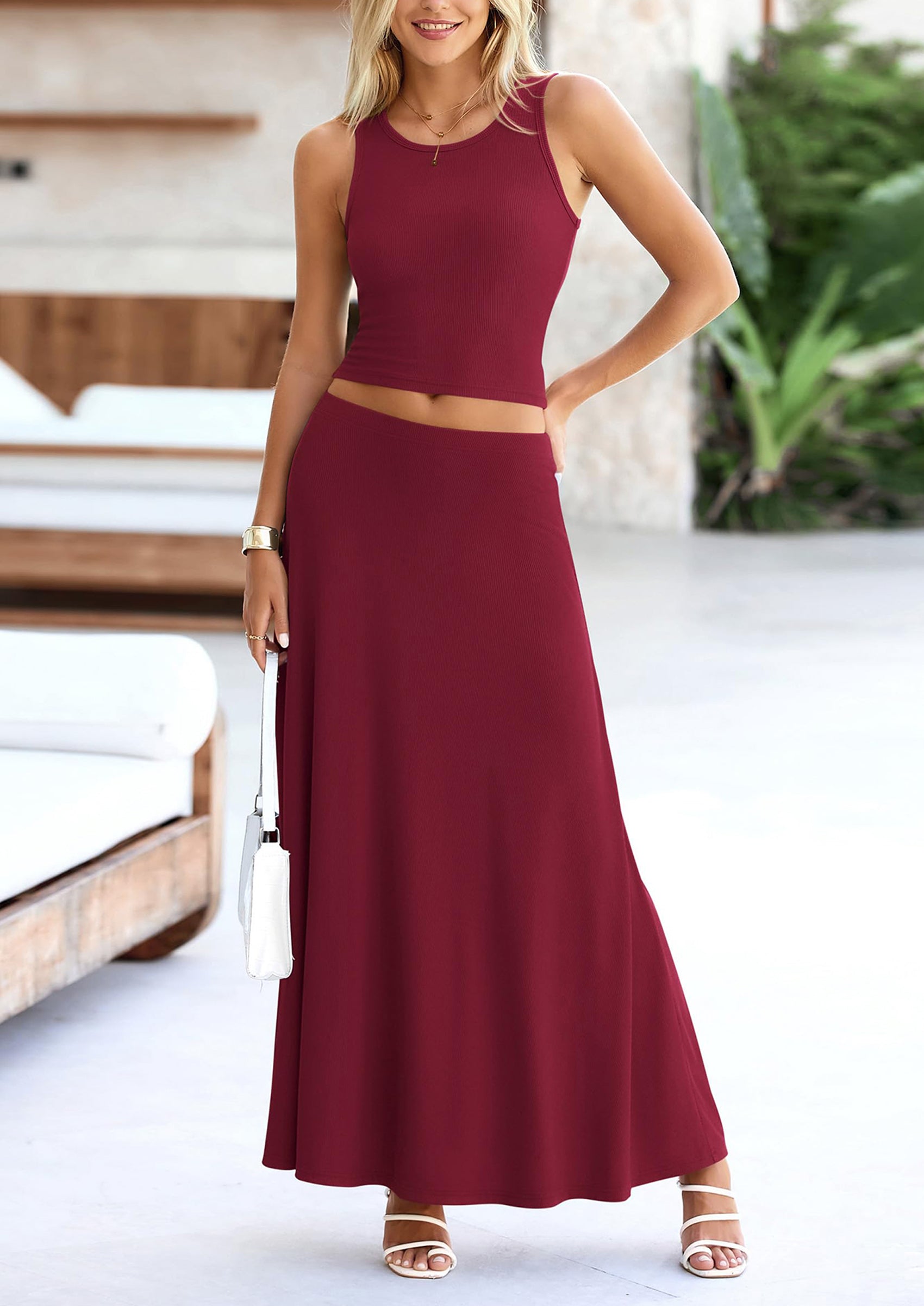 Osonn 2 Piece Maxi Skirt Sets Casual Knit Cropped Tank Top High Waisted Long Skirts Outfit
