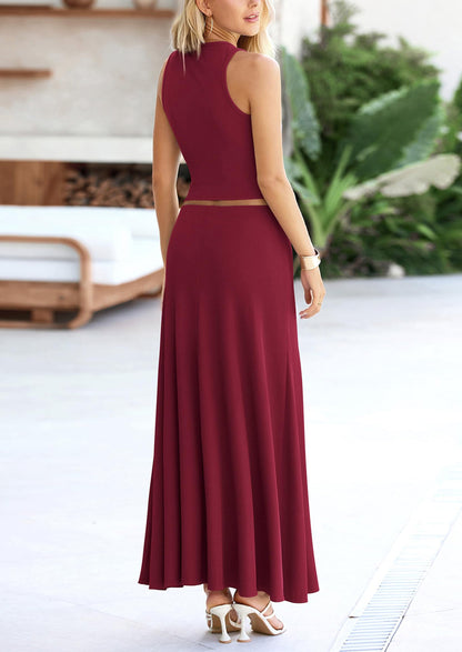 Osonn 2 Piece Maxi Skirt Sets Casual Knit Cropped Tank Top High Waisted Long Skirts Outfit