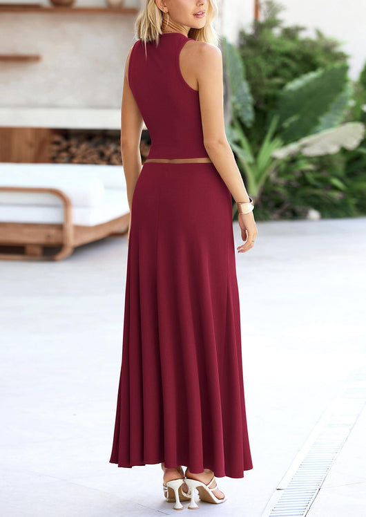 Osonn 2 Piece Maxi Skirt Sets Casual Knit Cropped Tank Top High Waisted Long Skirts Outfit