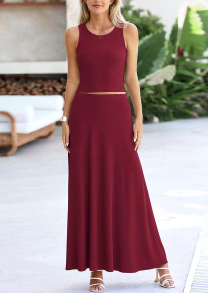 Osonn 2 Piece Maxi Skirt Sets Casual Knit Cropped Tank Top High Waisted Long Skirts Outfit