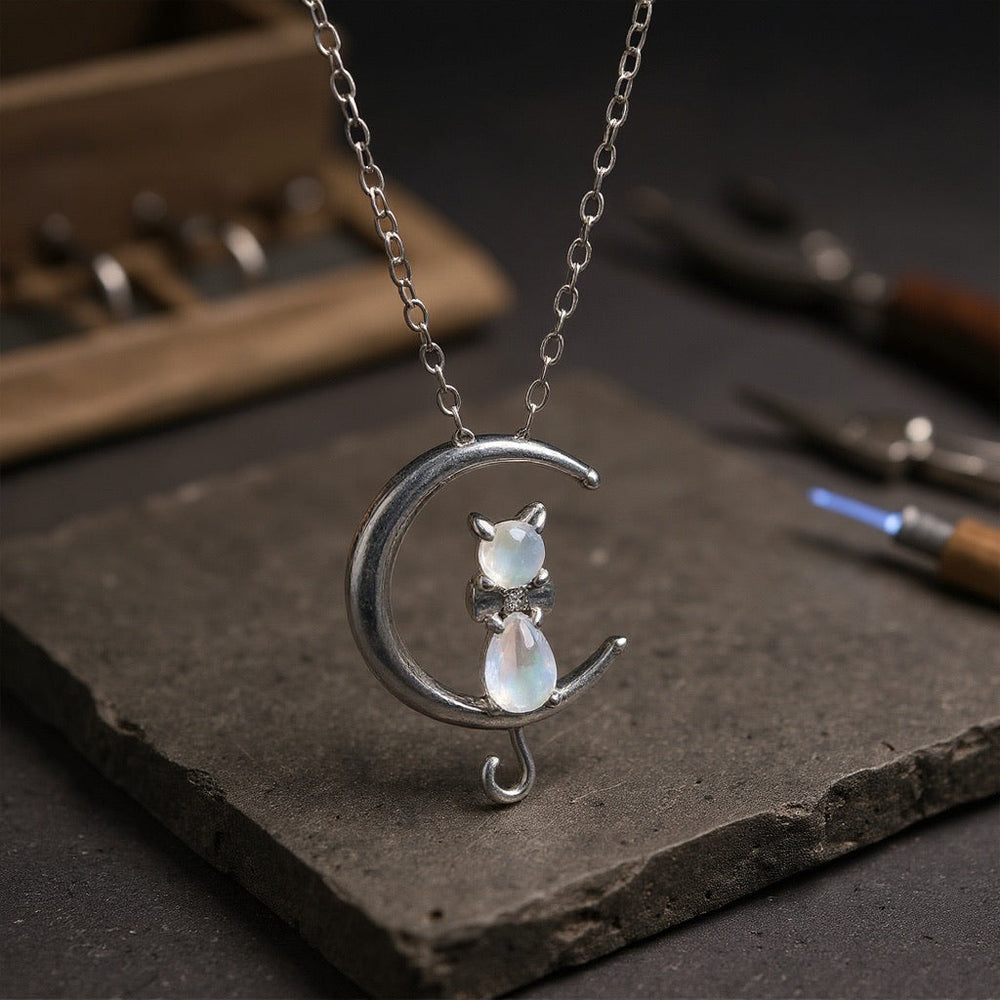 Moonstone Cat Crescent Necklace — image 1