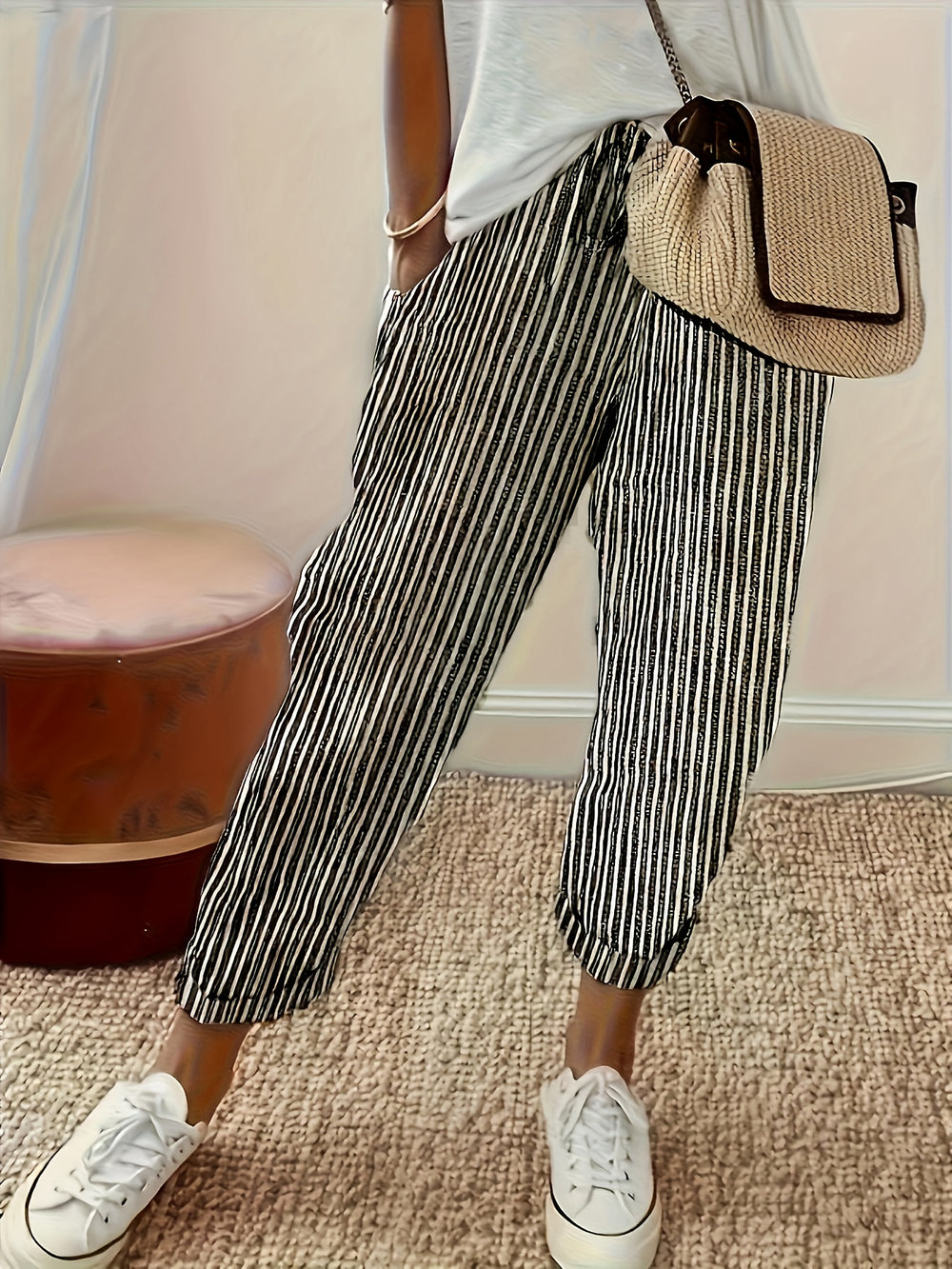 Women's Striped Wide-Leg Casual Pants - High-Waisted, Lightweight Polyester, Machine Washable, All-Season Comfort with Side Stripe Detail