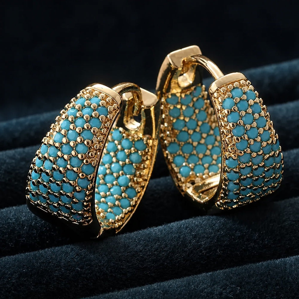 Golden Tone Turquoise Beaded Hoop Earrings — image 1