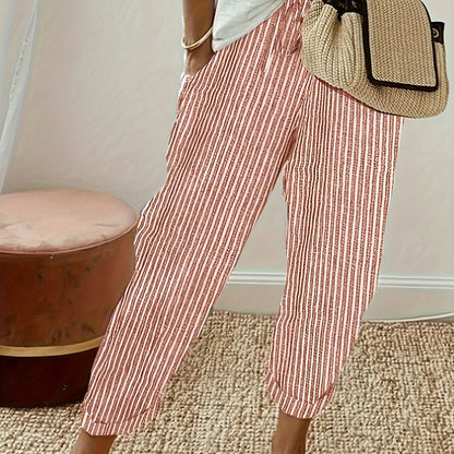 Women's Striped Wide-Leg Casual Pants - High-Waisted, Lightweight Polyester, Machine Washable, All-Season Comfort with Side Stripe Detail