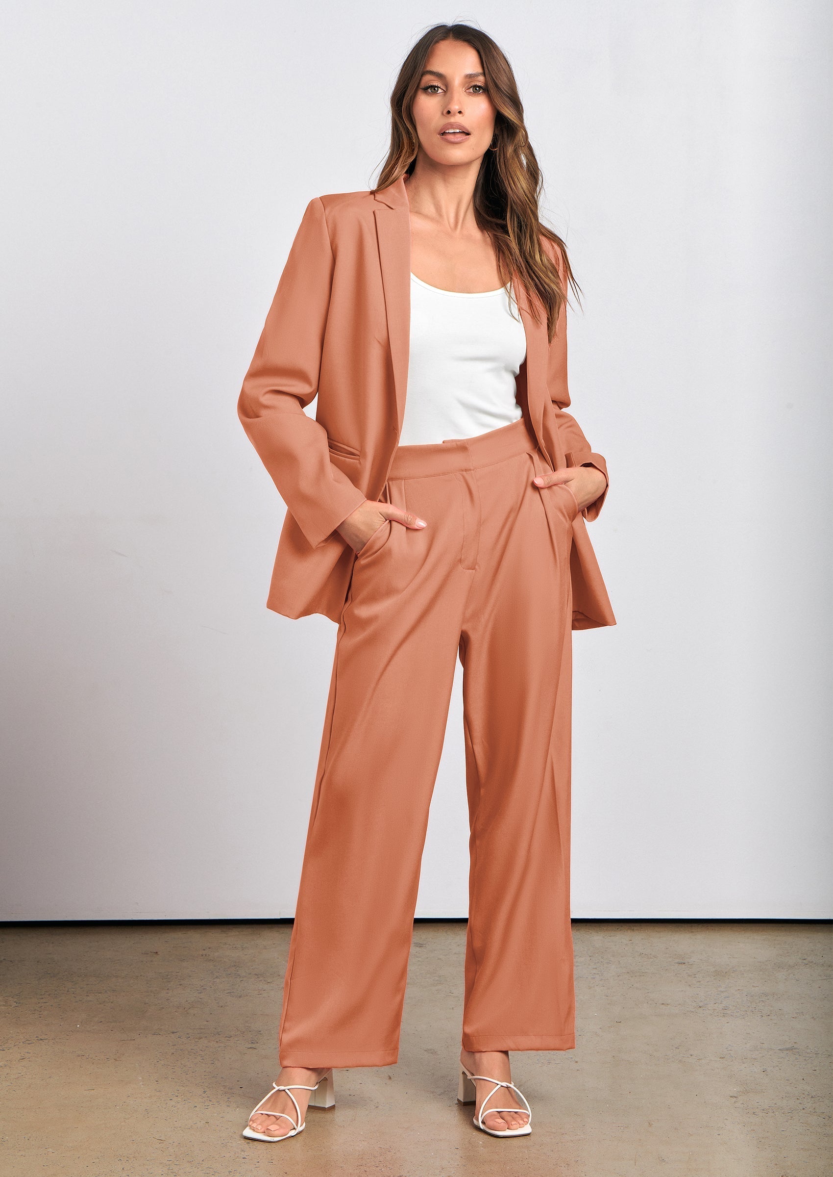 Osonn Women's Fall Two Piece Outfits Dressy Blazer Jacket and Wide Leg Pants Pockets Business Casual Office Suit Sets