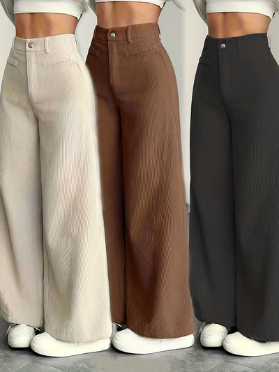 Calças de Cintura Subida e Perna Larga com Orelhas de Gato MS25072820 para Mulher - Calças Casuais com Textura de Bombazine, Conforto para Todas as Estações, Conjunto de Três Peças de Calças Bege Laváveis à Máquina