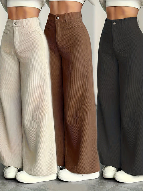 Calças de Cintura Subida e Perna Larga com Orelhas de Gato MS25072820 para Mulher - Calças Casuais com Textura de Bombazine, Conforto para Todas as Estações, Conjunto de Três Peças de Calças Bege Laváveis à Máquina