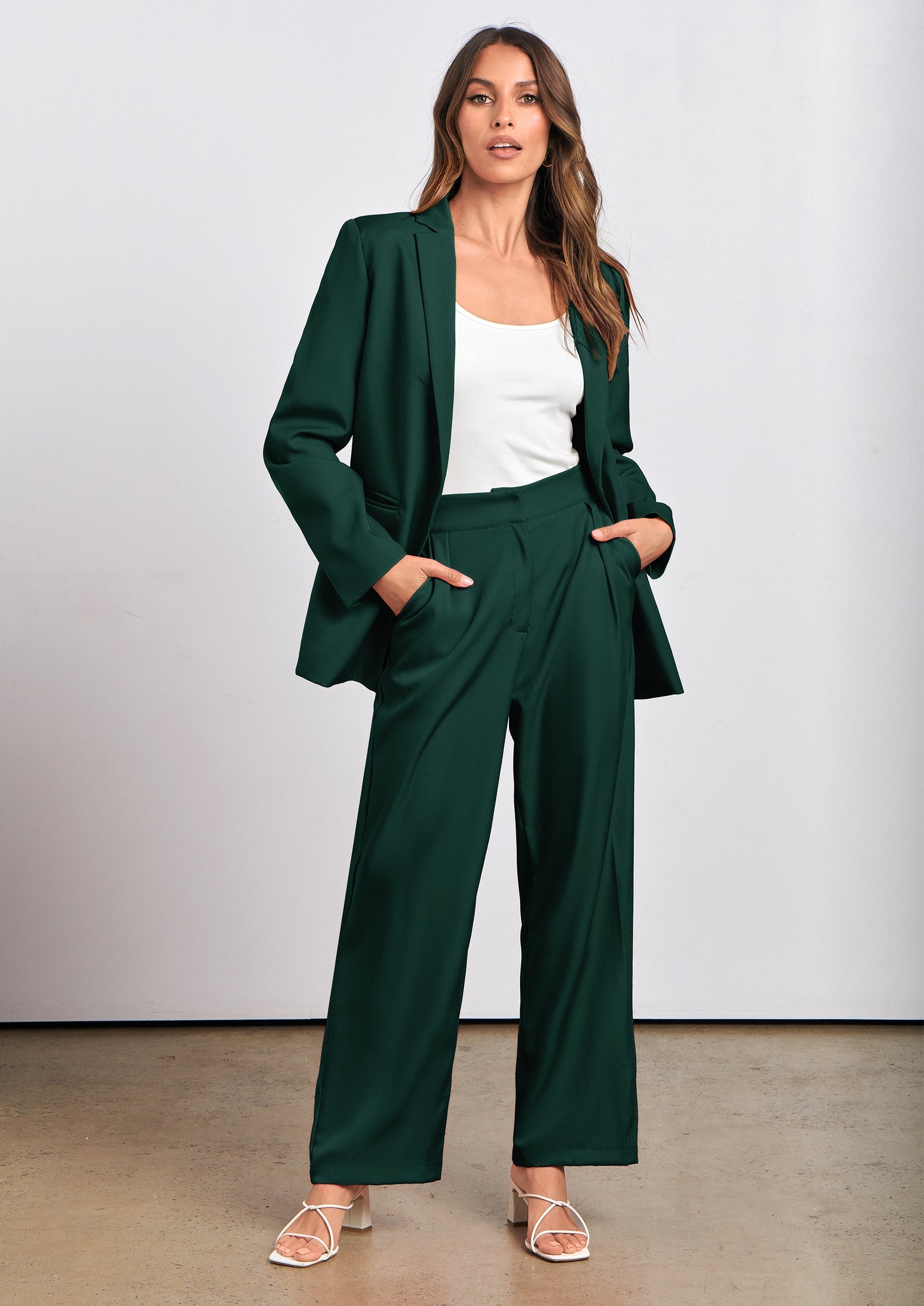 Osonn Women's Fall Two Piece Outfits Dressy Blazer Jacket and Wide Leg Pants Pockets Business Casual Office Suit Sets