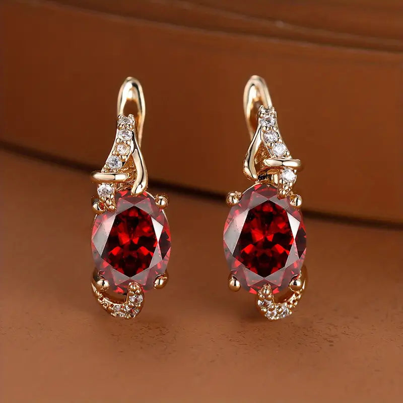 Gold Ruby Oval Drop Earrings — image 1