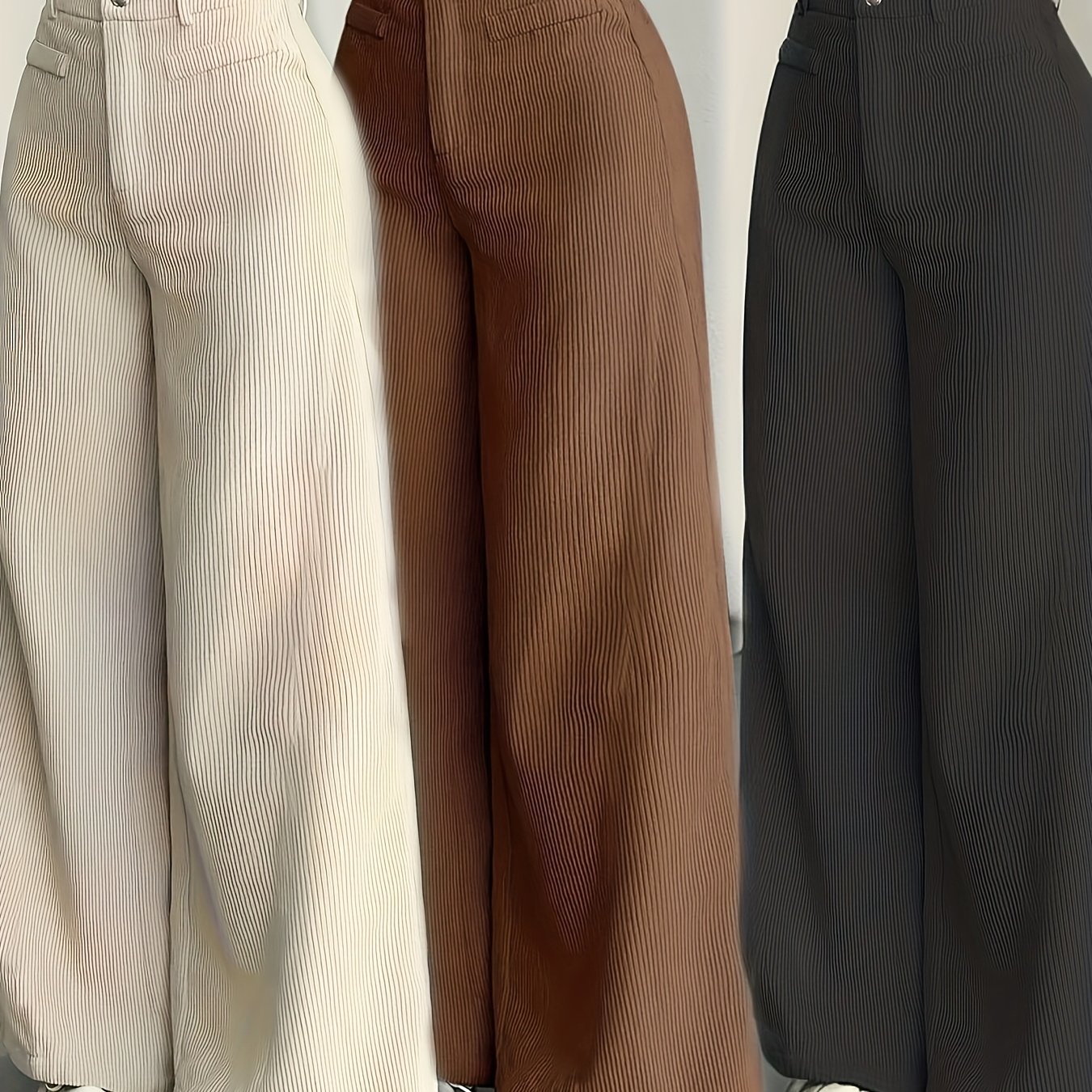 Calças de Cintura Subida e Perna Larga com Orelhas de Gato MS25072820 para Mulher - Calças Casuais com Textura de Bombazine, Conforto para Todas as Estações, Conjunto de Três Peças de Calças Bege Laváveis à Máquina