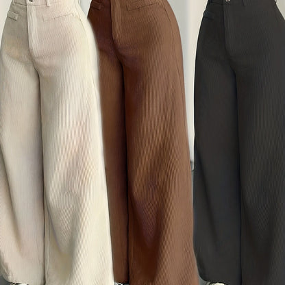 Calças de Cintura Subida e Perna Larga com Orelhas de Gato MS25072820 para Mulher - Calças Casuais com Textura de Bombazine, Conforto para Todas as Estações, Conjunto de Três Peças de Calças Bege Laváveis à Máquina
