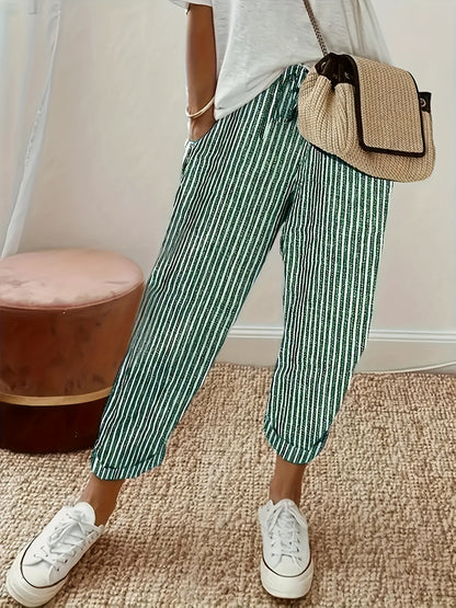 Women's Striped Wide-Leg Casual Pants - High-Waisted, Lightweight Polyester, Machine Washable, All-Season Comfort with Side Stripe Detail