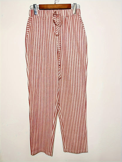 Women's Striped Wide-Leg Casual Pants - High-Waisted, Lightweight Polyester, Machine Washable, All-Season Comfort with Side Stripe Detail