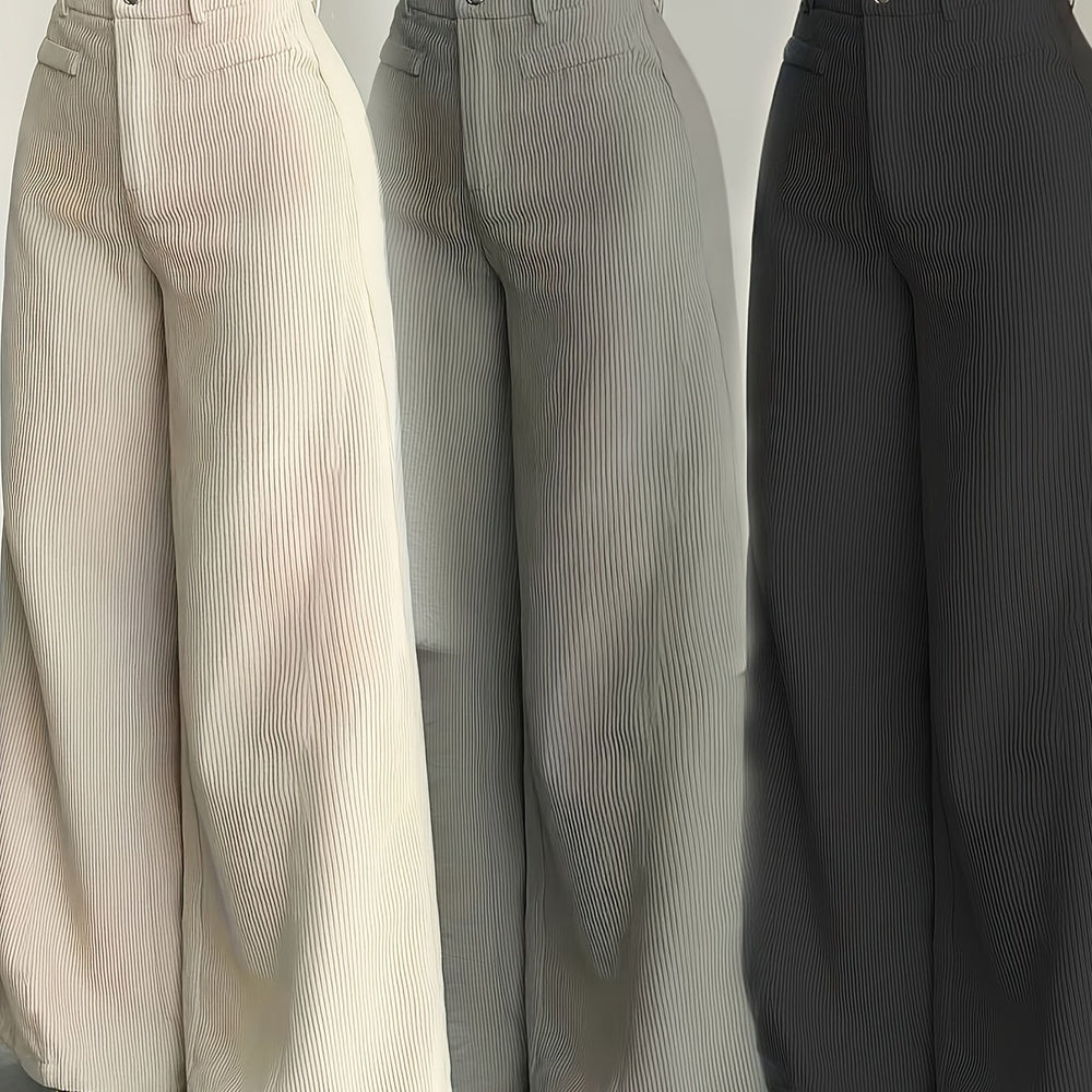 Calças de Cintura Subida e Perna Larga com Orelhas de Gato MS25072820 para Mulher - Calças Casuais com Textura de Bombazine, Conforto para Todas as Estações, Conjunto de Três Peças de Calças Bege Laváveis à Máquina