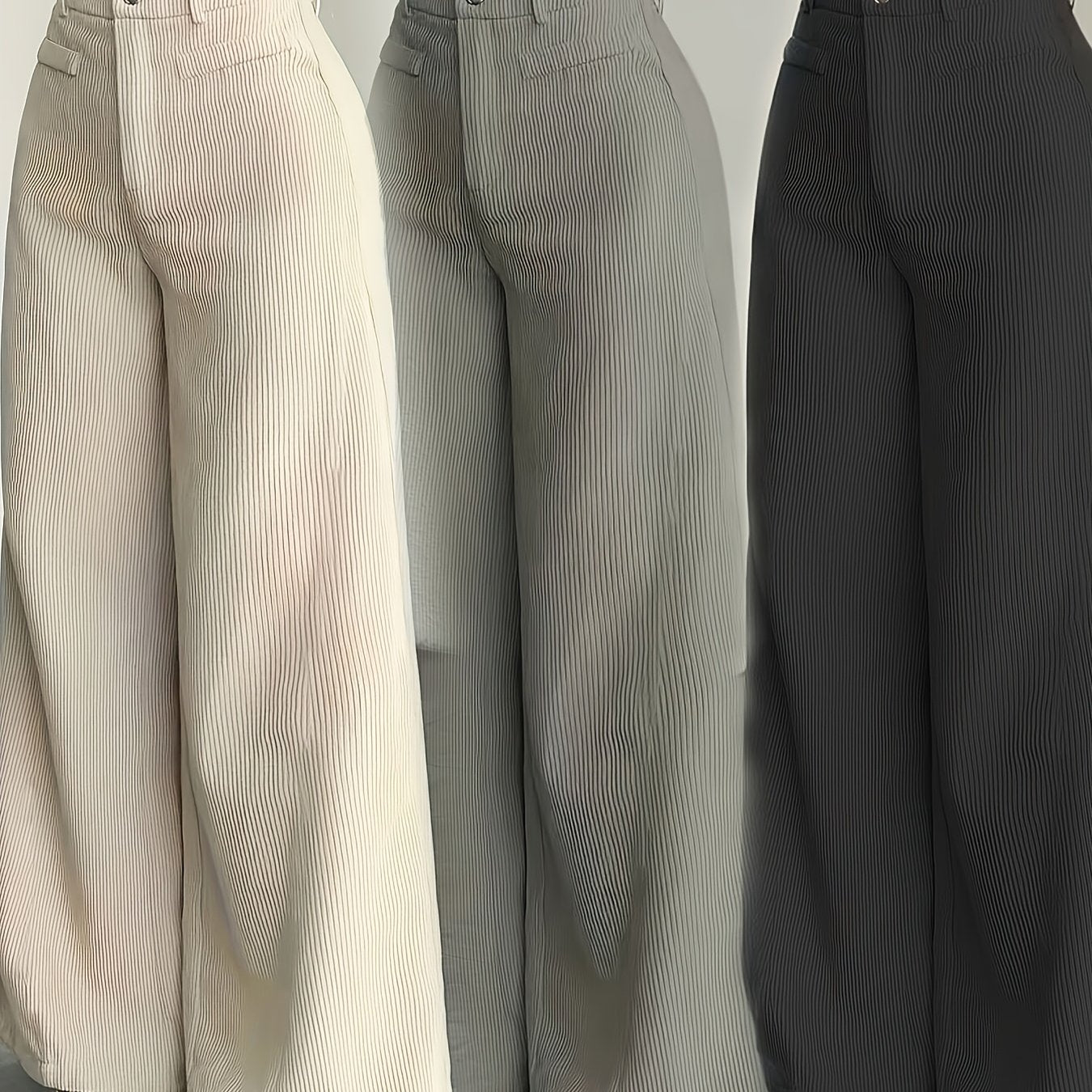 Calças de Cintura Subida e Perna Larga com Orelhas de Gato MS25072820 para Mulher - Calças Casuais com Textura de Bombazine, Conforto para Todas as Estações, Conjunto de Três Peças de Calças Bege Laváveis à Máquina