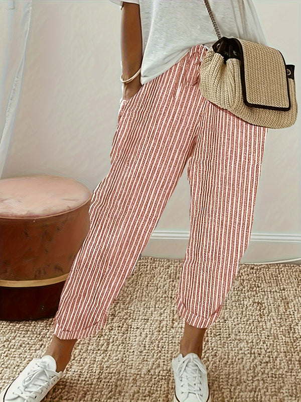 Women's Striped Wide-Leg Casual Pants - High-Waisted, Lightweight Polyester, Machine Washable, All-Season Comfort with Side Stripe Detail