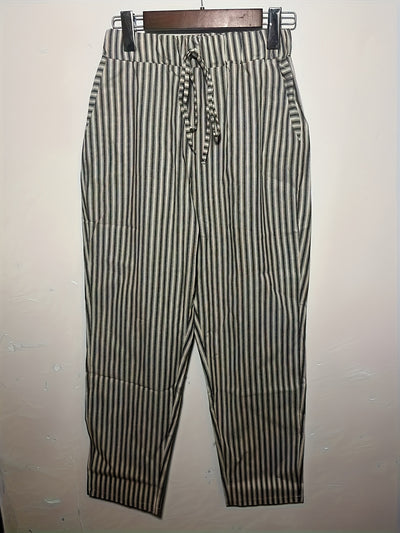 Women's Striped Wide-Leg Casual Pants - High-Waisted, Lightweight Polyester, Machine Washable, All-Season Comfort with Side Stripe Detail