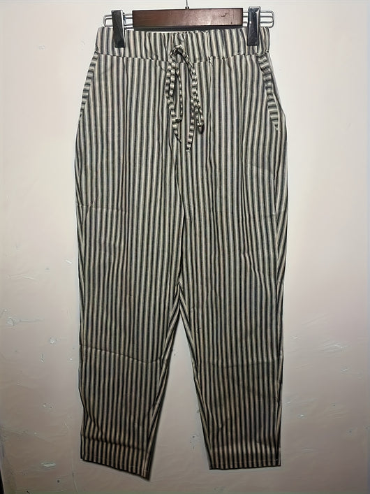 Women's Striped Wide-Leg Casual Pants - High-Waisted, Lightweight Polyester, Machine Washable, All-Season Comfort with Side Stripe Detail