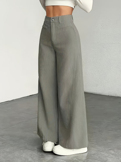 Calças de Cintura Subida e Perna Larga com Orelhas de Gato MS25072820 para Mulher - Calças Casuais com Textura de Bombazine, Conforto para Todas as Estações, Conjunto de Três Peças de Calças Bege Laváveis à Máquina