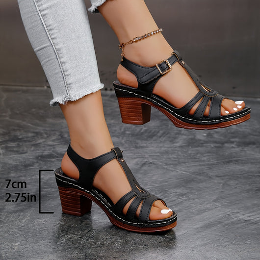 Classic T-Strap Block Heel Sandals