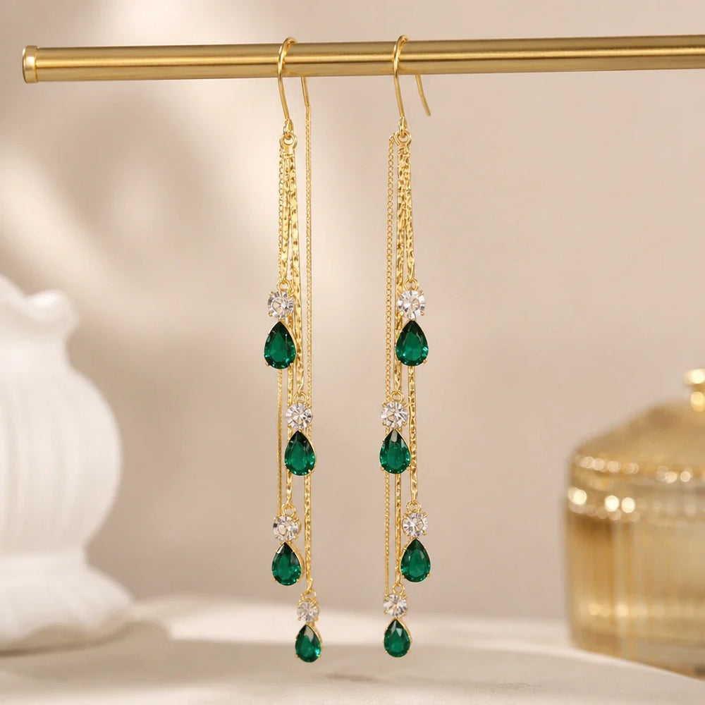 Green Gem Tassel Earrings — image 1