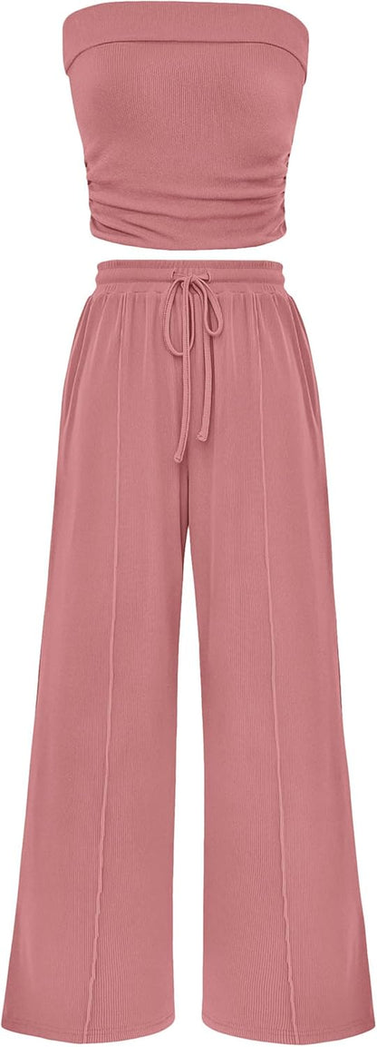 Osonn 2 Piece Sets Casual Ribbed Knit Crop Tube Top Wide Leg Pants Lounge Set