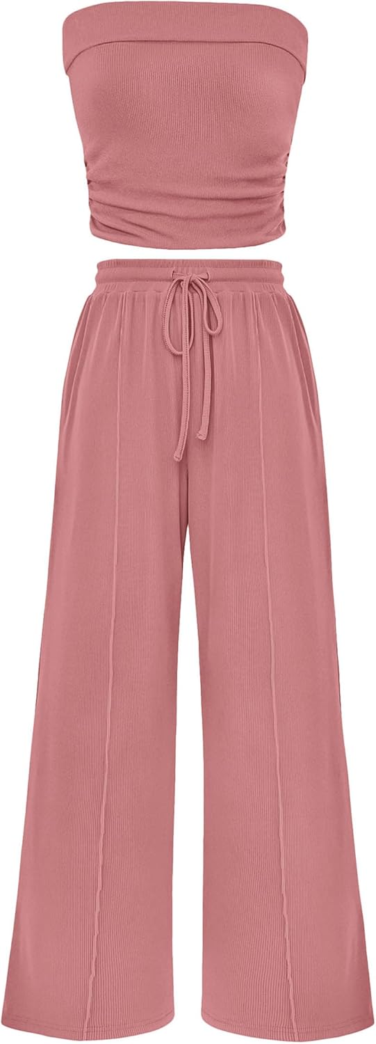 Osonn 2 Piece Sets Casual Ribbed Knit Crop Tube Top Wide Leg Pants Lounge Set