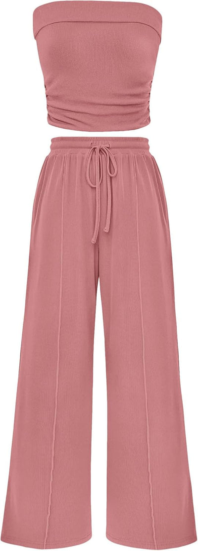 Osonn 2 Piece Sets Casual Ribbed Knit Crop Tube Top Wide Leg Pants Lounge Set
