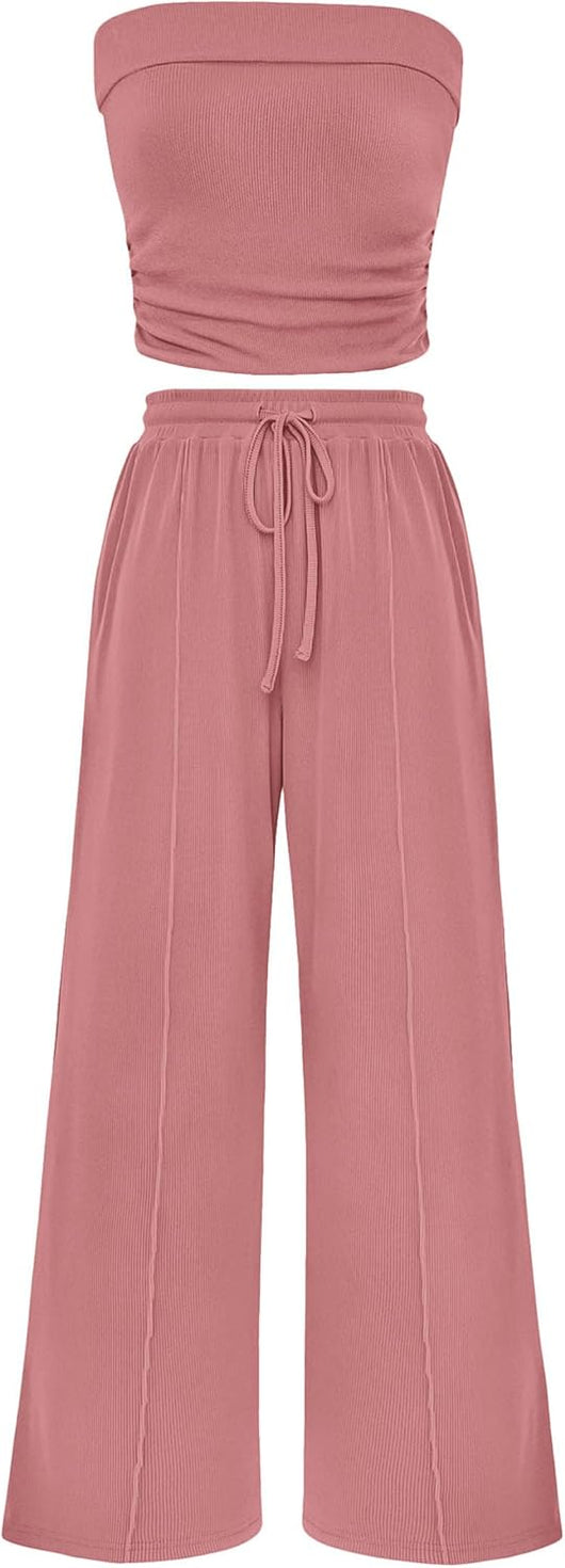 Osonn 2 Piece Sets Casual Ribbed Knit Crop Tube Top Wide Leg Pants Lounge Set