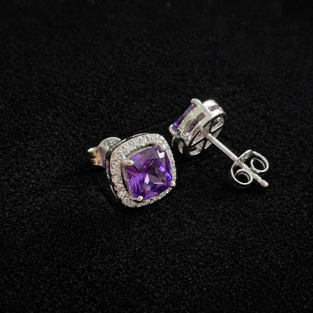 Amethyst Square Pave White Gold Studs — image 1