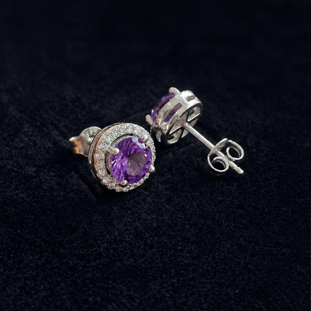 Amethyst Round Pave White Gold Studs — image 1