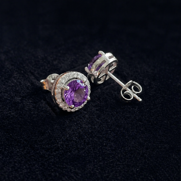 Amethyst Round Pave White Gold Studs — image 1