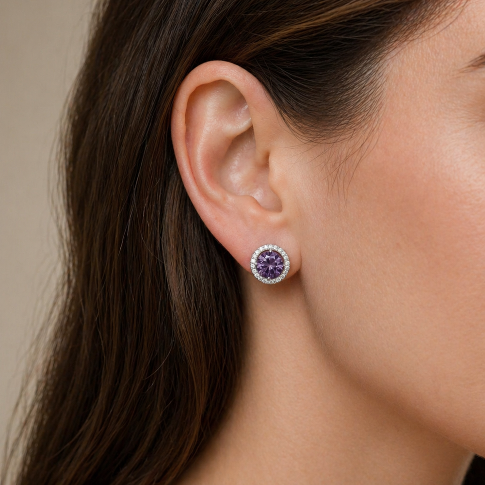 Amethyst Round Pave White Gold Studs — image 2