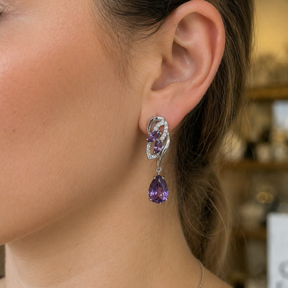 Amethyst Glimmer Drop White Gold Drop Earrings — image 2