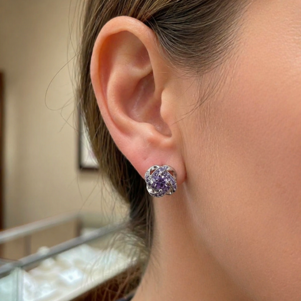 Purple Crystal Knot White Gold Earrings — image 2