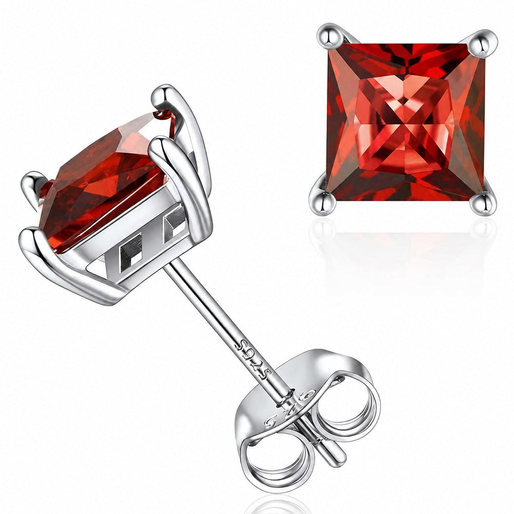 Minimalist Princess Cut Ruby Stud White Gold Earrings — image 1